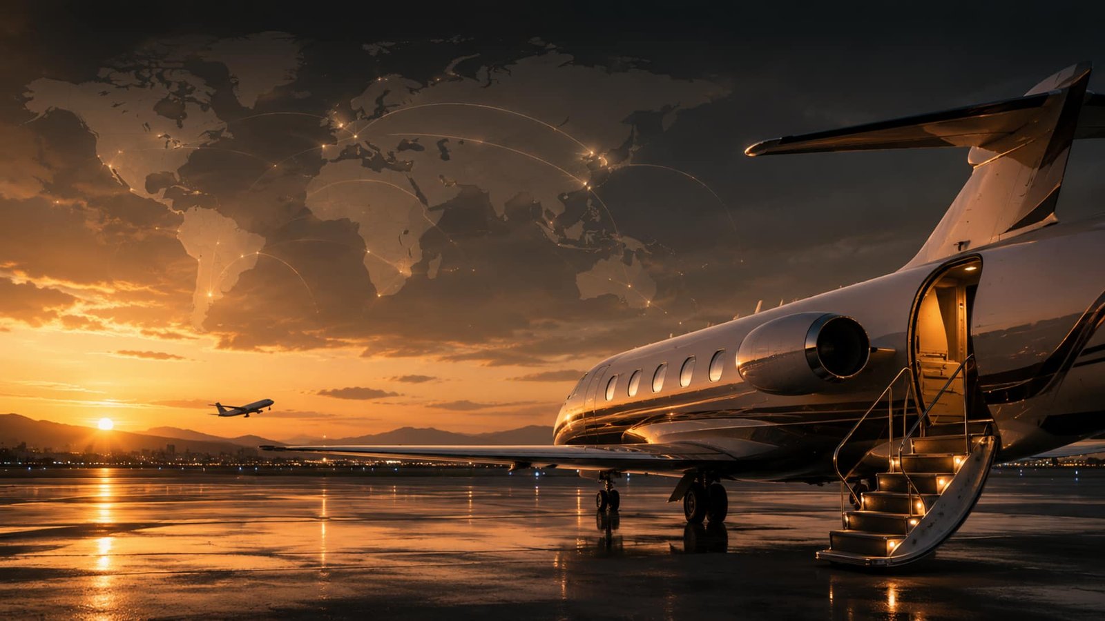 Aeronave executiva ao pôr do sol com rotas internacionais